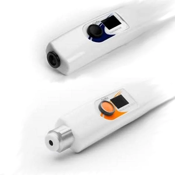 Two DelfinTech devices in white plastic with black and orange activation button and digital display on a white background for measuring skin elasticity and perspiration Icona di Verificata con community